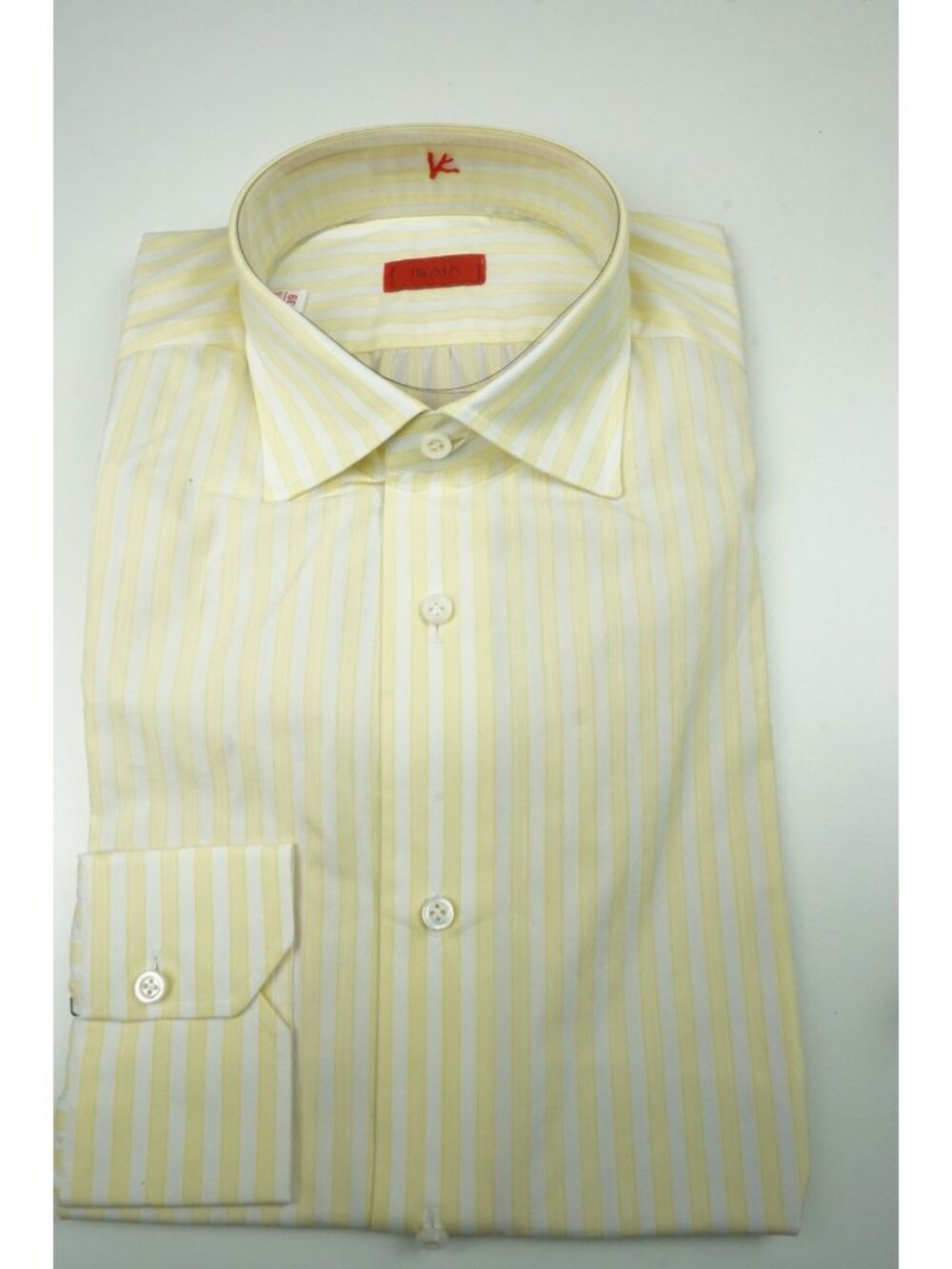 Isaia Lemon Yellow White Striped Long Sleeve Cotton Dress Shirt 15.5/39 NEW